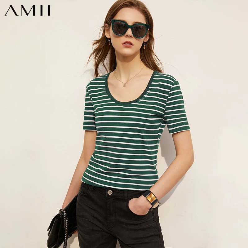 

Amii Minimalism Summer New Women's Tshirt Causal Stripe Oneck Slim Fit Female Tshirt Fashion Streetwear Women's Tops 12130111
