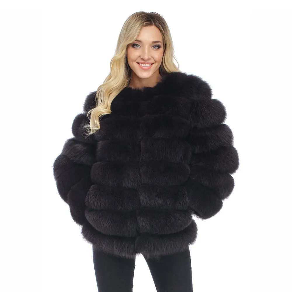round neck black Натуральный Лисий пальто из настоящего меха, натуральная женская зимняя оригинальная натуральная лиса, шуба с мехом, куртка для девочек, пальто для женщин, пальто с лисой - Цвет: round neck black