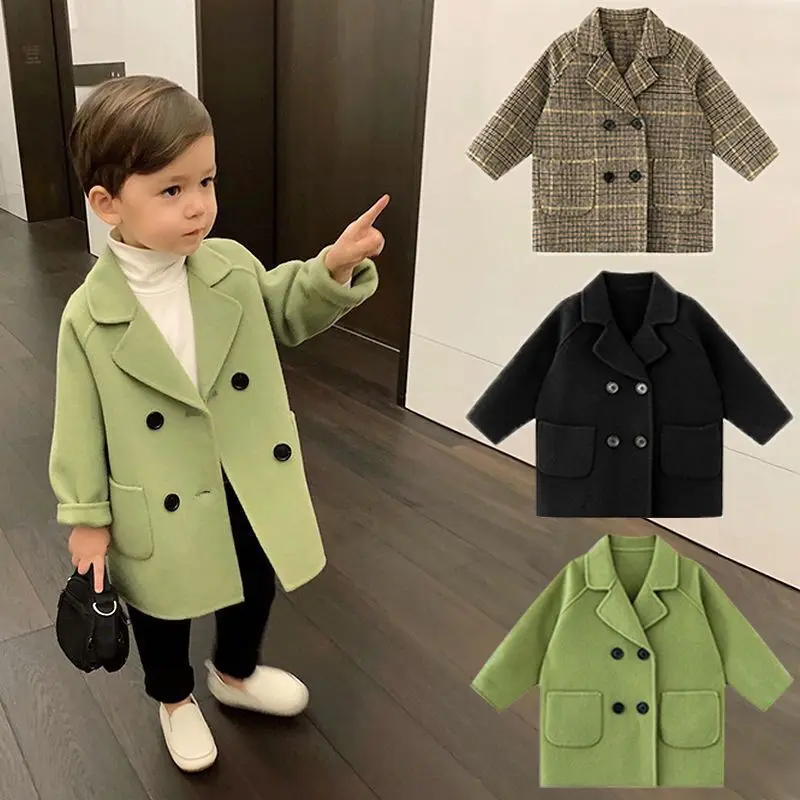 

2020 Unisex Kids Overcoat Polyester Boys Woolen Coat Boys Clothes Full Sleeve Long Wool Blends Plaid Girls Clothes Outwear
