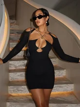 Macheda peito oco para fora cruz gravata pescoço vestido bainha vestido estiramento vestido de rua moda versátil senhora vestido de natal (2)