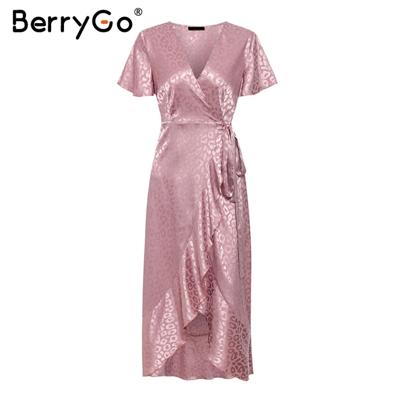 BerryGo, женское платье, сексуальное, на шнуровке, Леопардовый принт, бохо, длинное платье, летнее, Vneck, короткий рукав, в горошек, размера плюс, платье с разрезом - Цвет: Лаванда