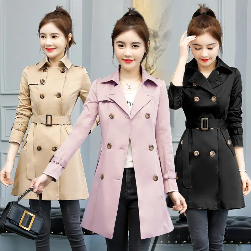 

2020 New Fashion Double Breasted Mid-long Trench Coat Women Khaki Slim Belt Cloak Mujer Windbreaker Female Abrigos Brazil