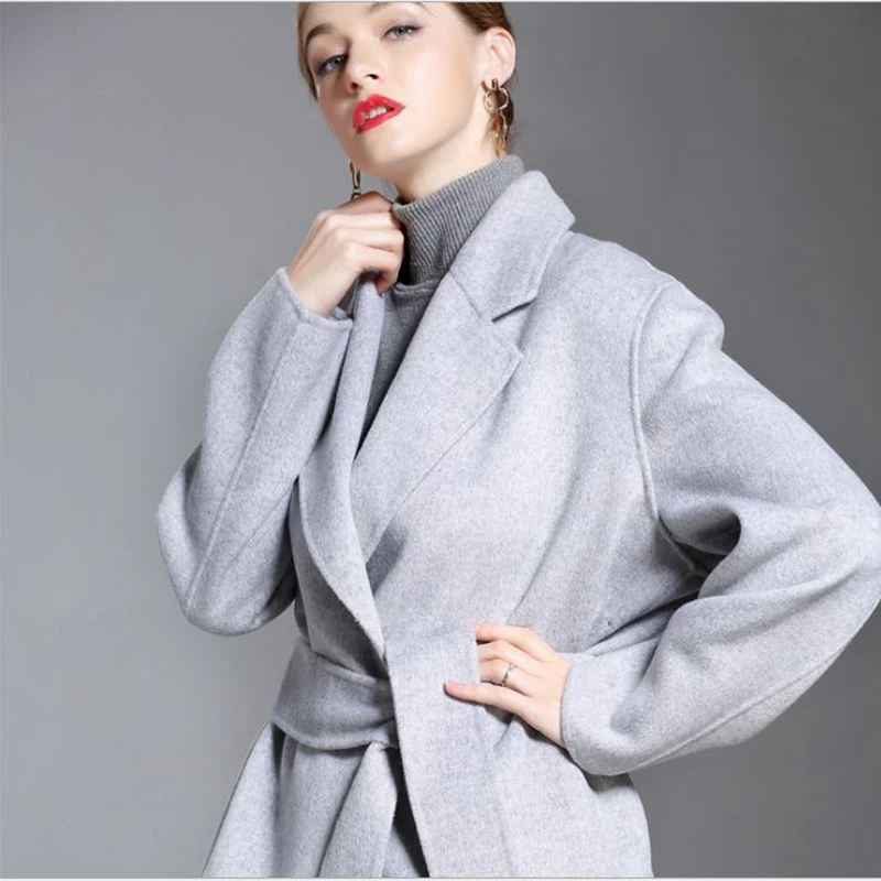 Зимнее шерстяное Новое Женское пальто ручной работы серое кашемировое с двойным