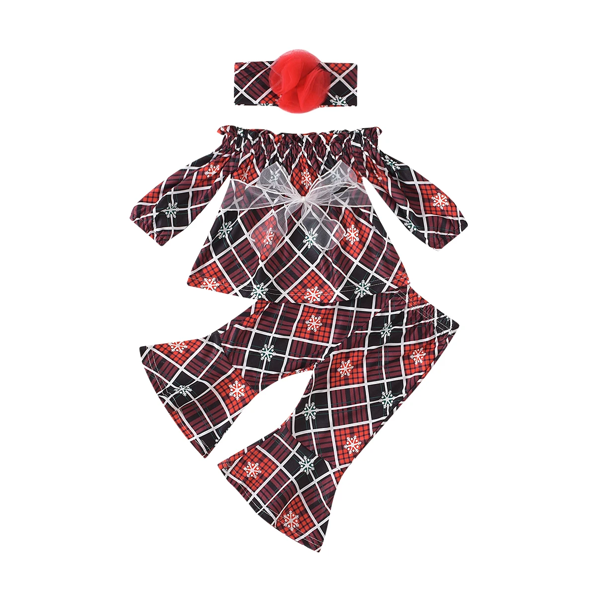 

3 шт. рождественские наряды для маленьких девочек, клетчатый топ с открытыми плечами и длинным рукавом + расклешенные брюки + повязка на голо...