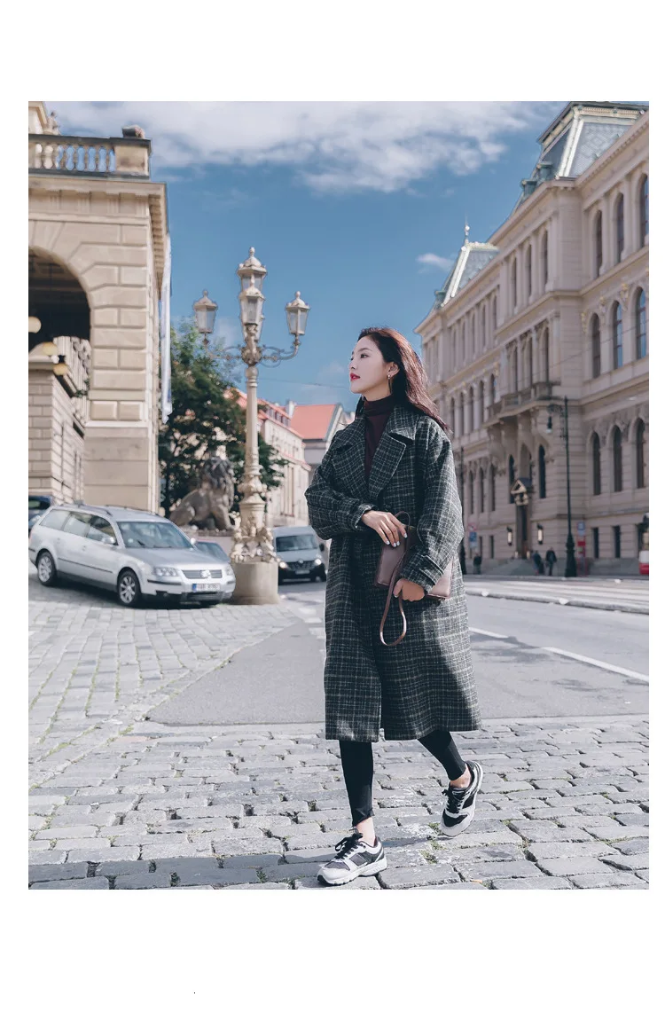 Vintage Plaids Clothes Loose Woollen Coat Women's New Checked Coat Baggy Silhouette Overcoat Tweeds Winter female Outerwear