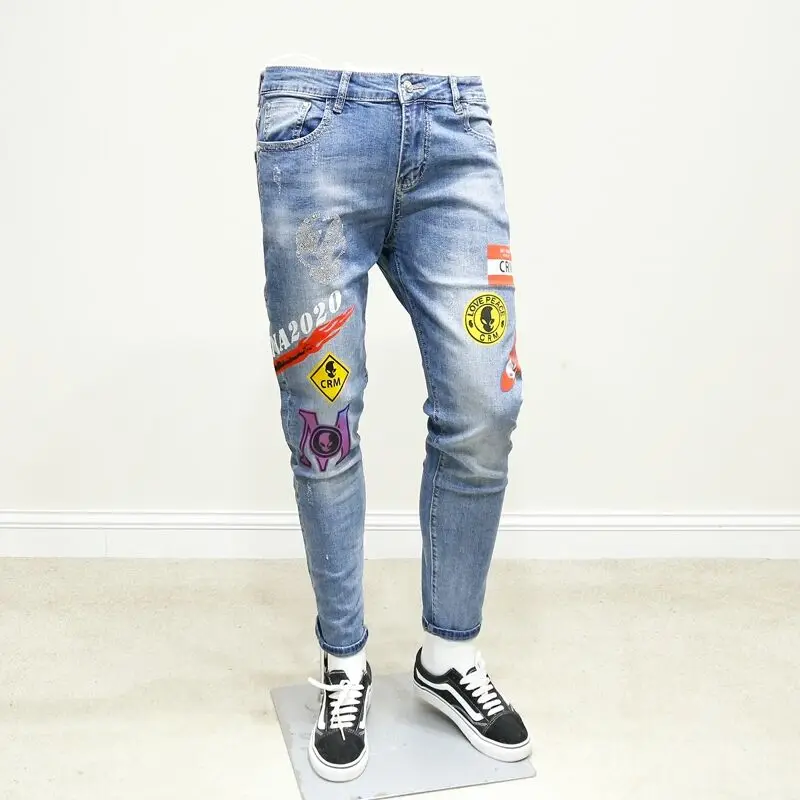 

Fashion Design Slim Vintage Pencil Pants Mens 2021 New Korean Style Pockets Letter Fashion Casual Ankle Length Jeans