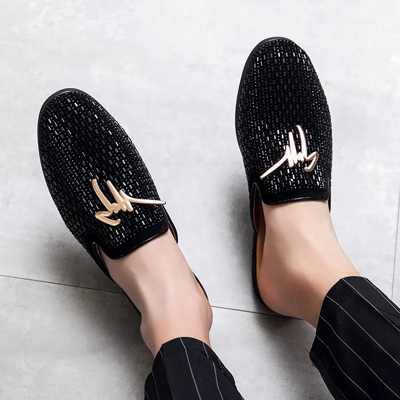 

Half Drag Muller Shoes Fashion Summer Men Street Slippers Dress Man Personality Men's Mules White Diamond For Breathable In