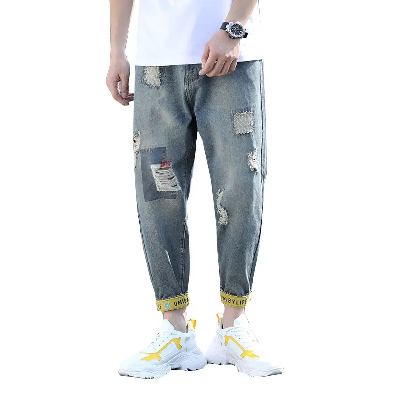 Vintage Men Ripped Jeans Fashion Plus Size Ripped Ankle-Tied Baggy Denim Jeans Male Loose Casual Harem Pants Men Jeans Trousers
