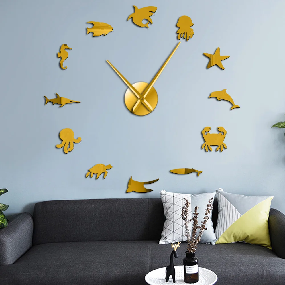 Настенные художественные зеркальные наклейки с водными животными DIY гигантские настенные часы в морском стиле для детской комнаты декор для стен Морская жизнь бескаркасные настенные часы