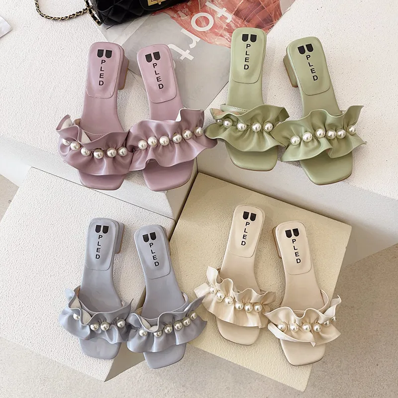 

Med Shoes Slippers Casual Slides String Bead Summer Clogs Woman Square heel Pantofle Luxury Beach Block 2021 PU Hoof Heels