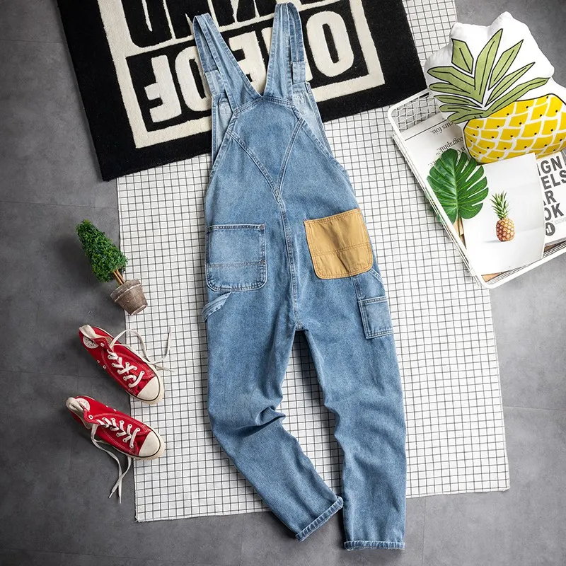 Harajuku Summer Vintage Mens Overalls Loose Straight Casual Cargo Jeans Plus Size S-6XL Hip Hop Men Denim Jumpsuits Streetwear