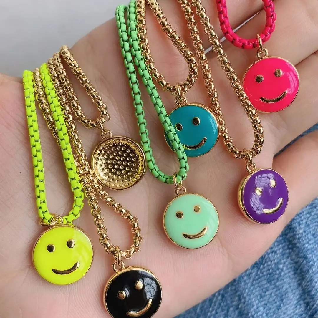 

5 шт. круглый кулон со смайликом, красочное ожерелье из эмали с капающим маслом, медная коробка с счастливым лицом, цепи, 2021, модные ювелирные ...