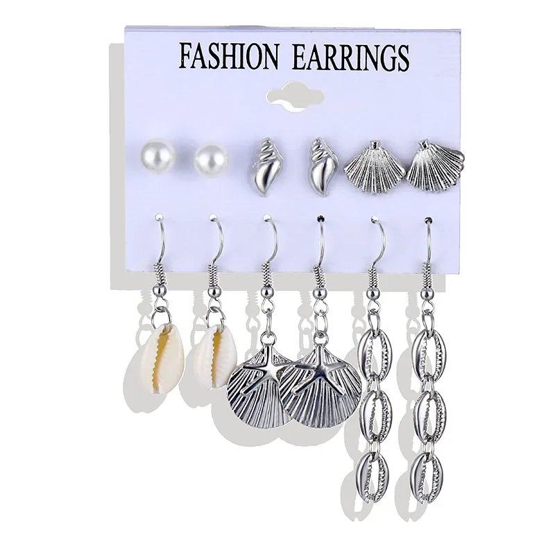 VKME fashion shell earrings set ladies bohemian flowers long tassel earrings 6 pairs / set ladies Brincos Beach Jewelry - Окраска металла: ZL0000624-1