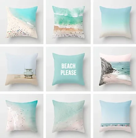

45*45cm Sea Blue Design Printed Cushion Cover For Sofa Hawaii Beach Wave Pattern Simple Design Decorative Throw Pillow Case Home