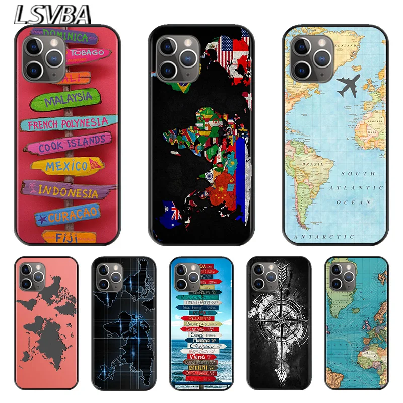 

World Travel Map For Apple iPhone 12 11 XS Pro Max Mini XR X 8 7 6 6S Plus 5 SE 2020 Black Silicone Cover Phone Cross