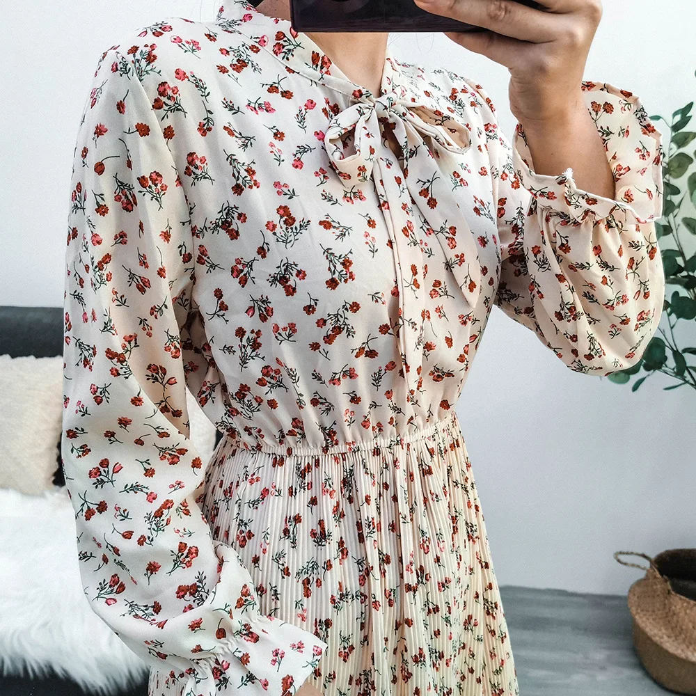 

Dresses for women 2021 elegant Women's Casual Printed Flare Sleeve Tie-Lead Pleated Long Sleeve Dress traf femmes store платье