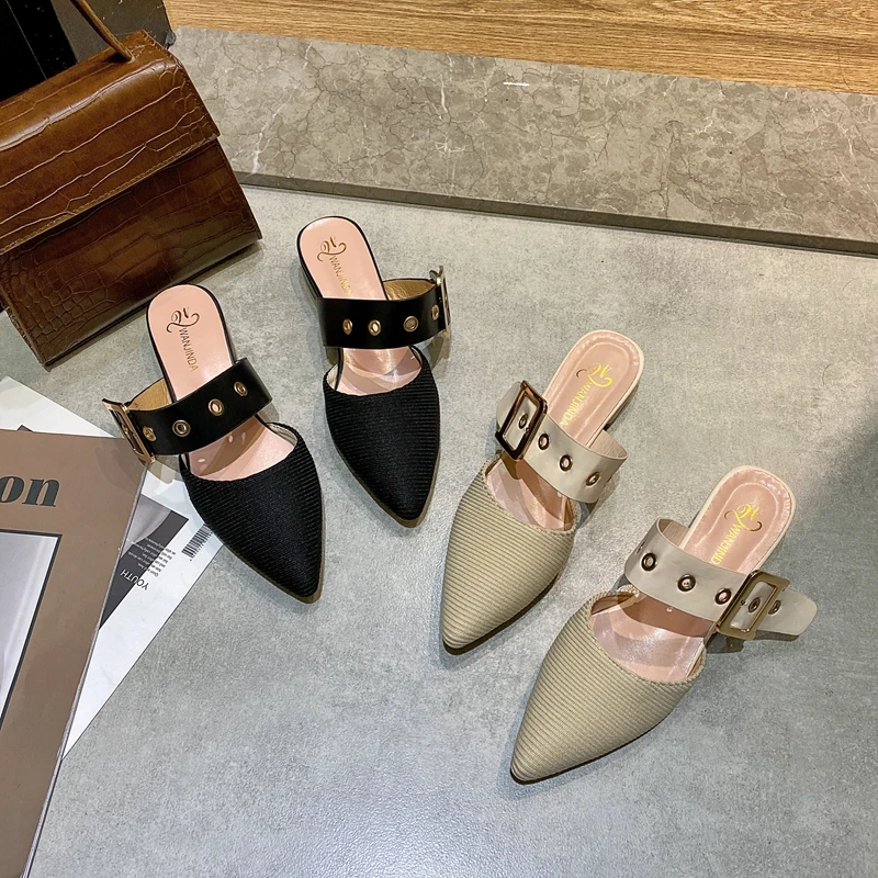 

ELLALEE Summer Low Heels Women Slippers Black Belt Decoration Mules Shallow Apricot Handmade Leisure Ladies Shoes