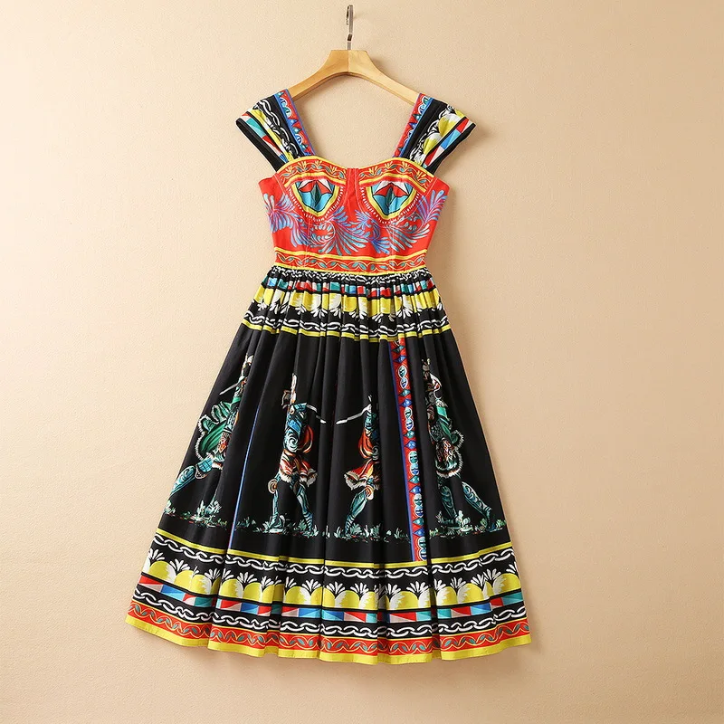 

European and American women's wear new autumn 2022 Condole belt Fashion retro printed cotton pleated dress