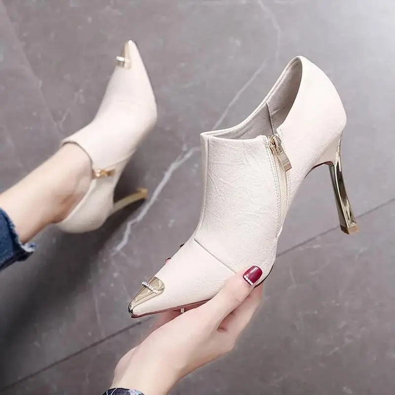 

Women Fashion Sweet High Quality Beige Comfort Side Zipper Short Ankle Boots for Autumn & Winter Botas Femininas G9229