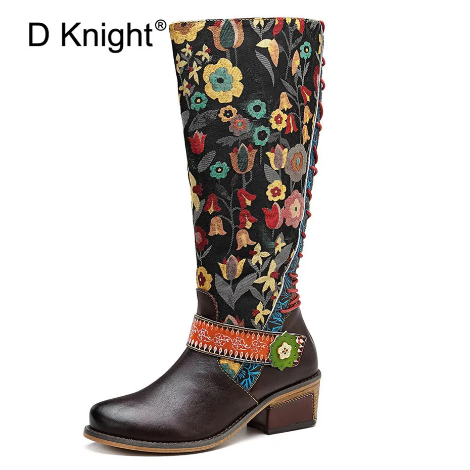 D Knight Botas Mujer Invierno 2019 Handmade Genuine Leather Platform Botas Feminina Vintage Print Ladies Knee High Boots Shoes