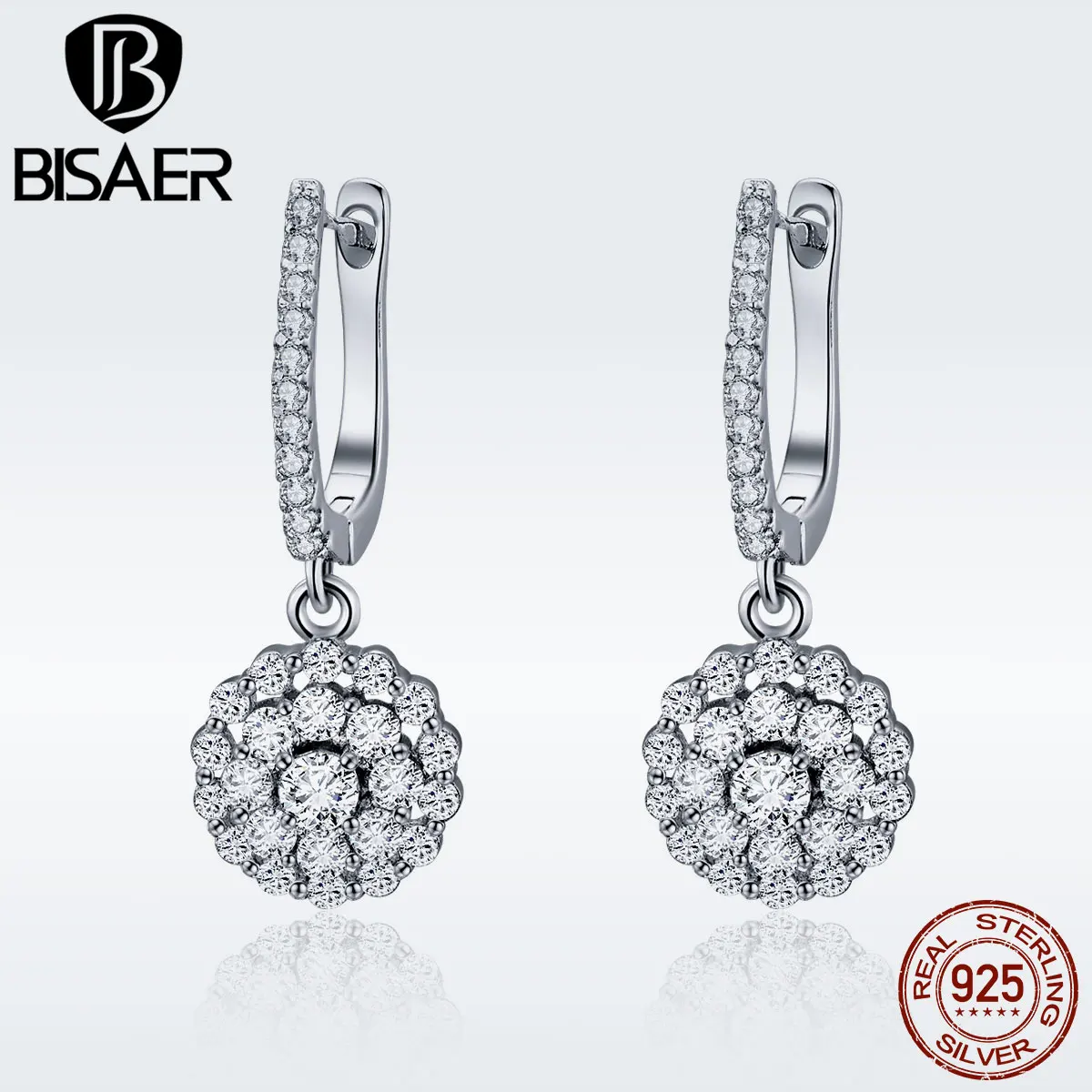 BISAER, 925 пробы, серебряные, прозрачные, CZ, круглые Висячие серьги для женщин, роскошные, массивные серьги, режим GXE517