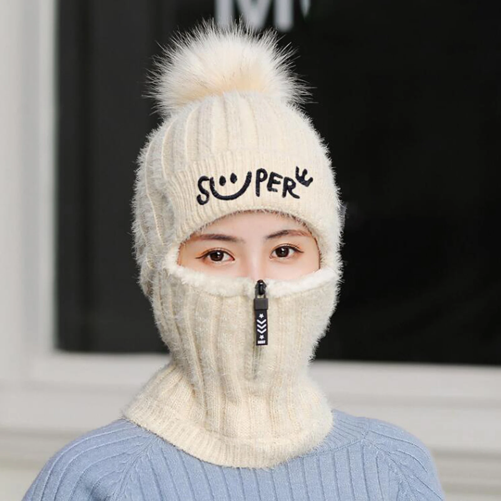 

Fashion Women Winter Knitted Hat Faux Wool Bonnet Warm Thick Hat Neck Gaiter Skullies Cap Outdoor Knitted Baggy Headwear Cap