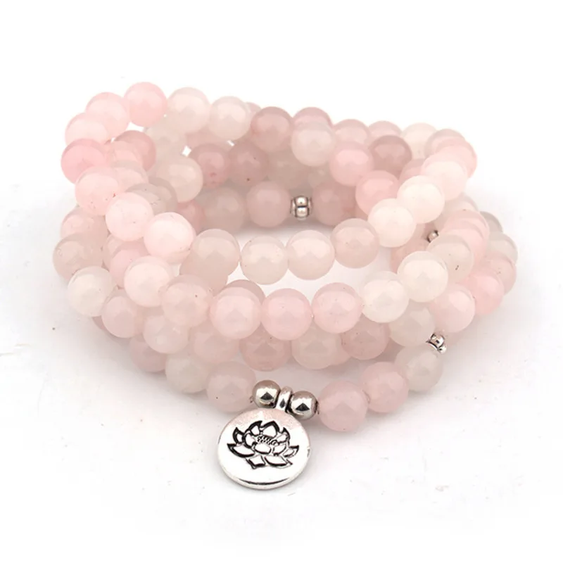 

108 Mala Beads With Lotus OM Buddha Charm Bracelet For Women Pink Natural Stone Bracelet Yogi Jewelry Dropshipping