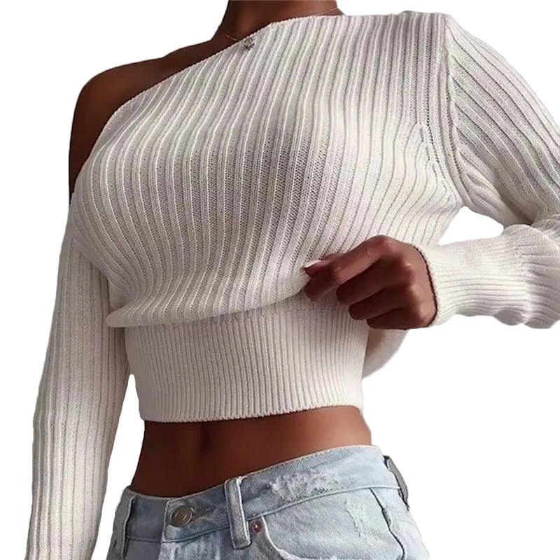 

New Strapless Sweater Women 2021 Sexy Oblique Shoulder Solid Color Long Sleeves Slim Short Sweater Female LR1318