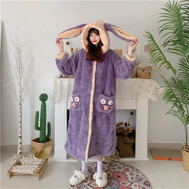 

Sweety Girl Nightgown Dress Kawaii Cartoon Hooded Rabbit Ear Hooded Single-breasted Bow Fleece Thicken Keep Warm Home Pajamas
