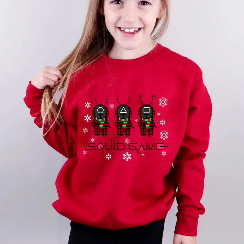 

Детские толстовки с рисунком игры кальмар, осенне-зимние красные Топы с длинным рукавом для мальчиков и девочек, модные рубашки 2021, Рождеств...