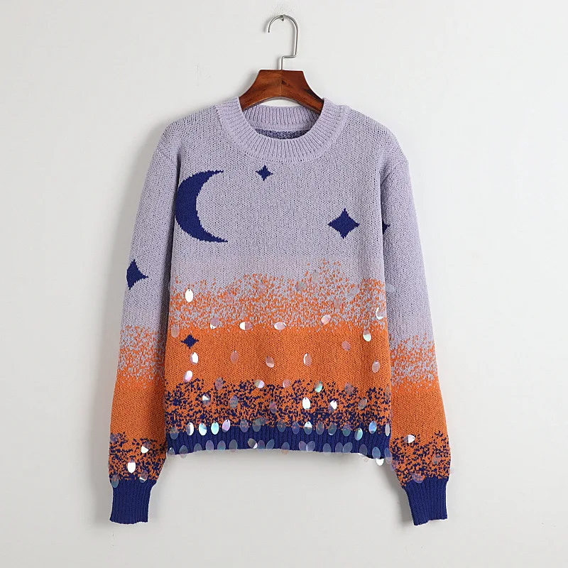 

Contrast Colors Moon Knit Sweater Jersey Mujer Handmade Beaded Crew Neck Sweater Fashion Cute Jumper Loose Pullover Knitwear