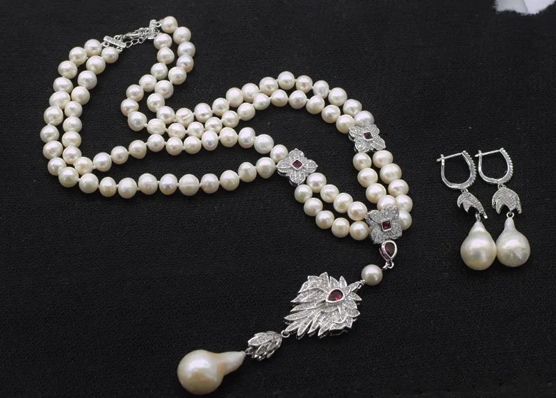 

2rows freshwater pearl white near round 8-9mm beads necklace 17-18" FPPJ