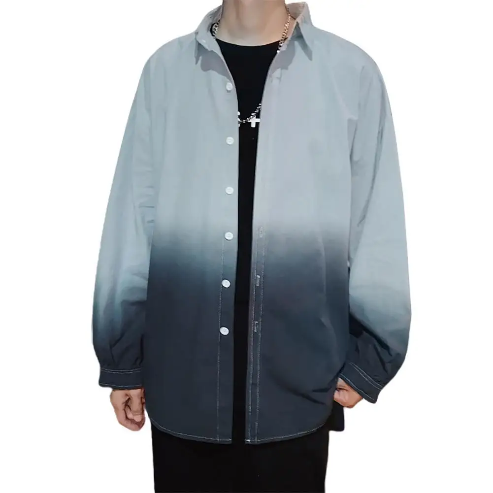 

Модные мужские рубашки Цвет градиент платье-рубашка для девочек с длинными рукавами и отложным воротником для мужчин, Повседневная рубашка...