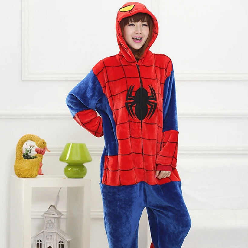 Women Kigurumi Red Spider Pajamas Sets Flannel Animal Hood Pajamas Adult Winter Onesies Nightie Pyjamas Sleepwear Homewear