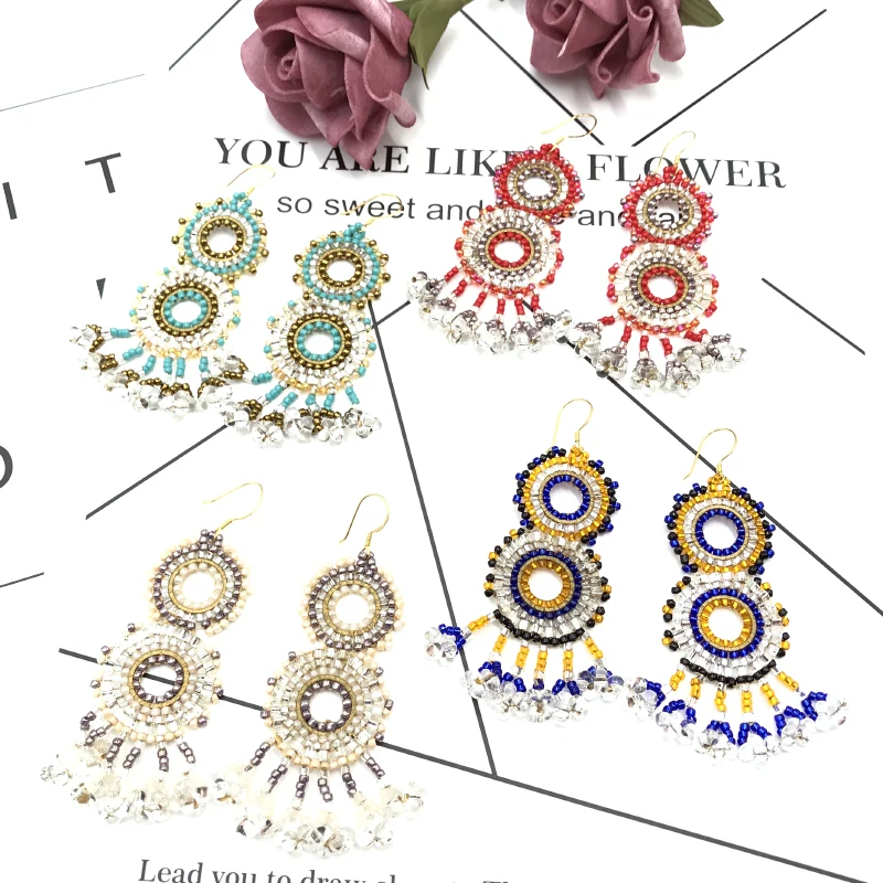 

FAIRYWOO Miyuki Bead Pendientes Mujer Moda Geometric Double Circle Bohemia Tentacles Earring Long Earrings For Women Gifts