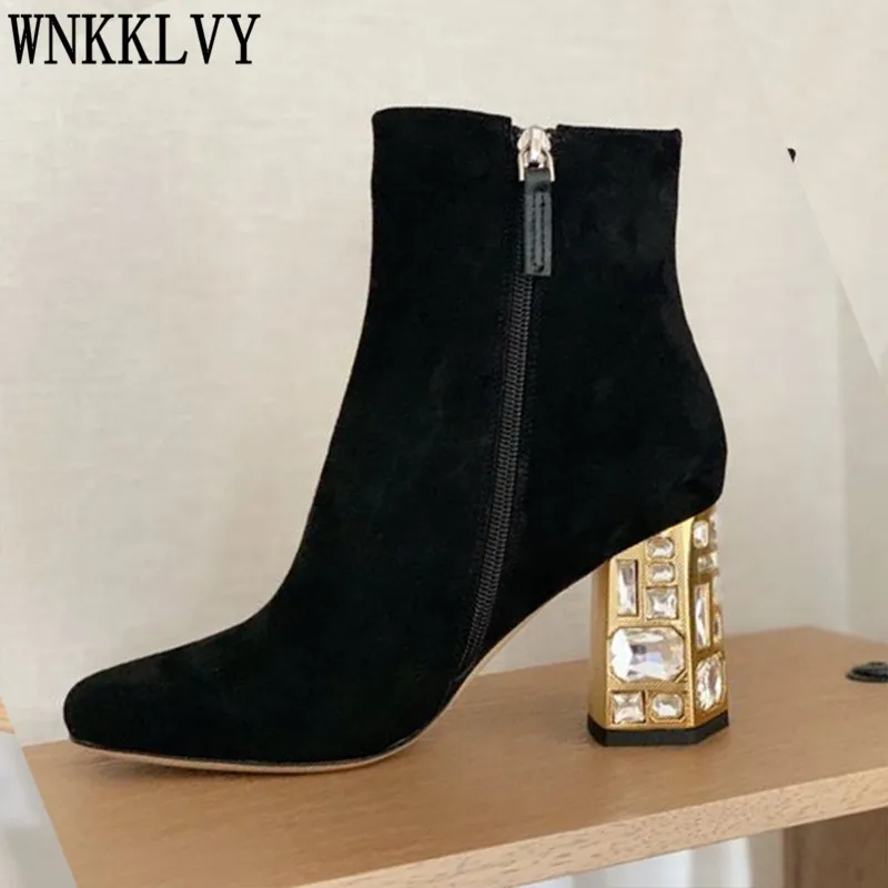 

luxurious rhinestone chunky high heel short boots women suede square toe ankle boots runway autumn winter shoes zapatos mujer