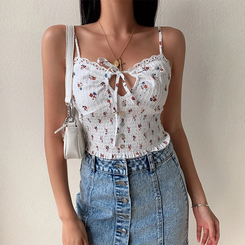 

Новинка лета 2021, пикантный женский бандажный топ со складками, однотонный облегающий топ с цветочным кружевом для девушек и женщин