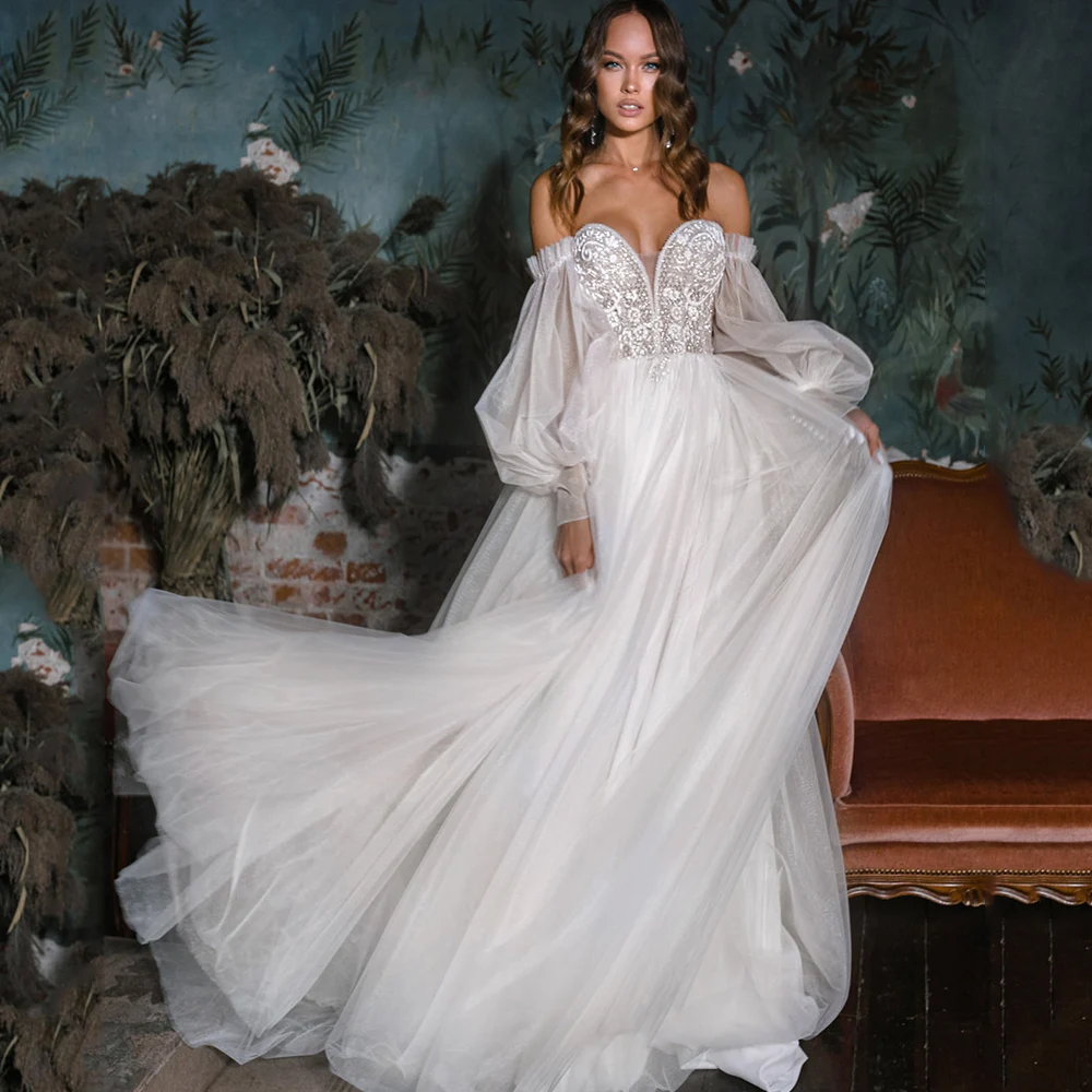 

Luxury Sweetheart Wedding Dresses 2021 Revomable Puff Long Sleeves A-Line Ruffles Appliques Open Shoulder Backless Bridal Gowns