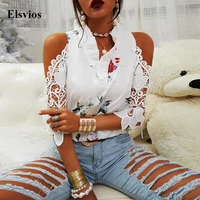 sexy off shoulder hollow out embroidery shirt blouses summer elegant ruffle v neck tops pullover women autumn 34 sleeve blusas
