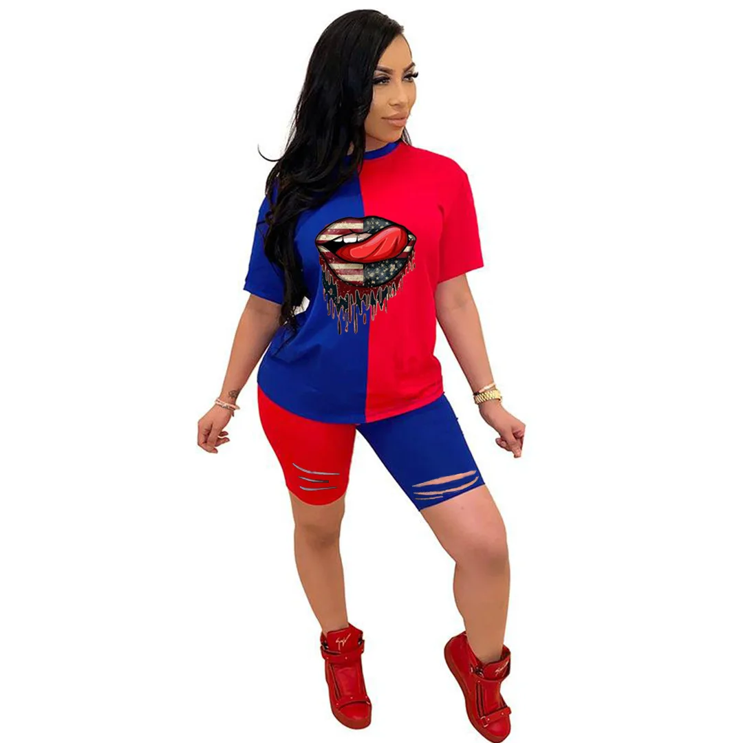 

New Summer Hot Upsurge Patchwork Plus Size Casual Young Daily Short Sleeve Group Knee Length Tracksuits Slim Women 2 Piece Set
