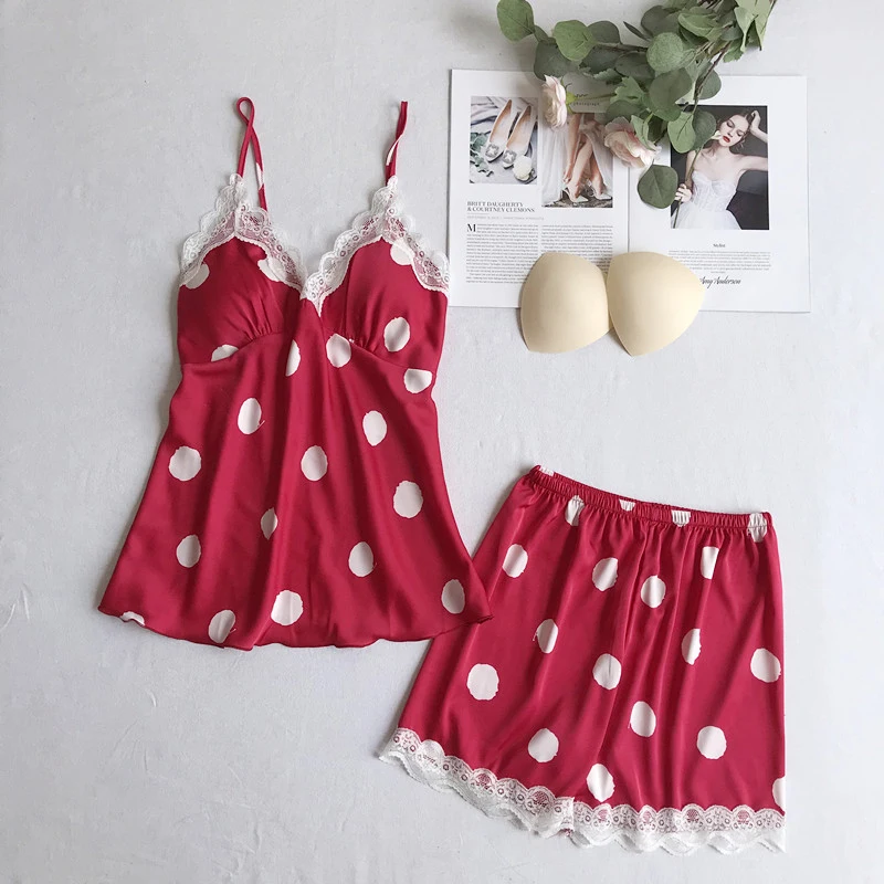 Женская пижама в горошек шелковая атласная летняя Пижама с v-образным вырезом