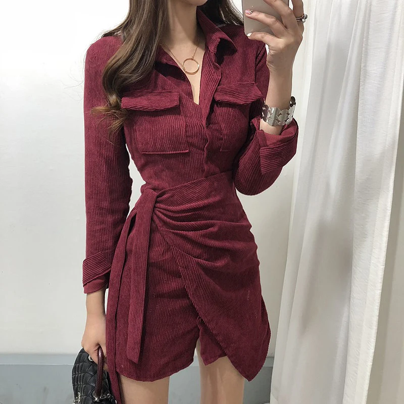 

Women Vintage Sashes Shirt Dress Ladies Corduroy Solid Color Elegant Dress 2020 New Fashion Spring Mini Dresses
