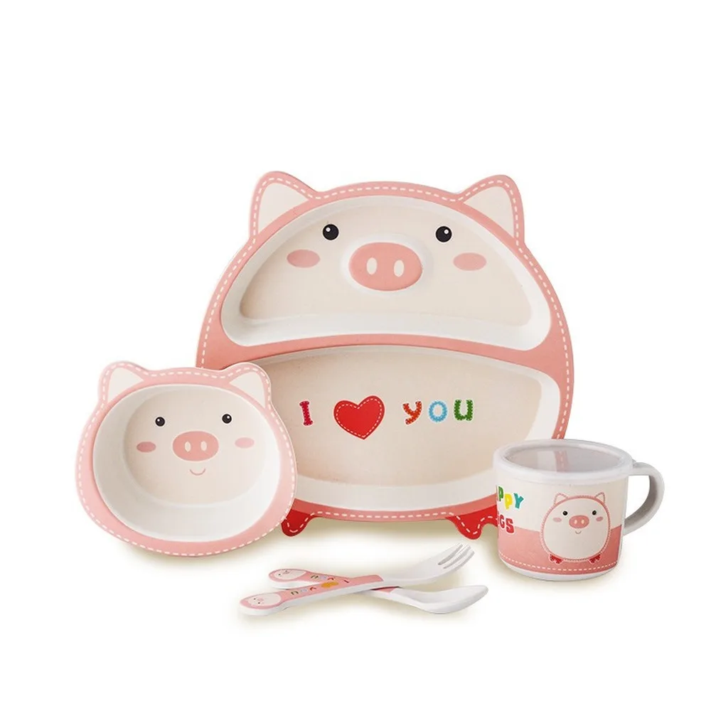 

5 Pcs Cartoon Pink Pig Bamboo Fiber Children Baby Kids Dinner Plate Bowl Cup Spoon Fork Set Solid Food Feeding Tableware Cutlery