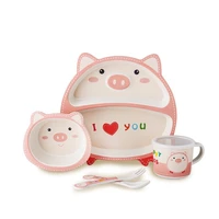 5 pcs cartoon pink pig bamboo fiber children baby kids dinner plate bowl cup spoon fork set solid food feeding tableware cutlery