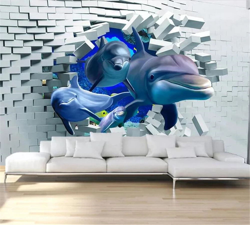 

beibehang Custom wallpaper 3D personality brick wall broken wall deep sea animal dolphin stereo living room decorative mural