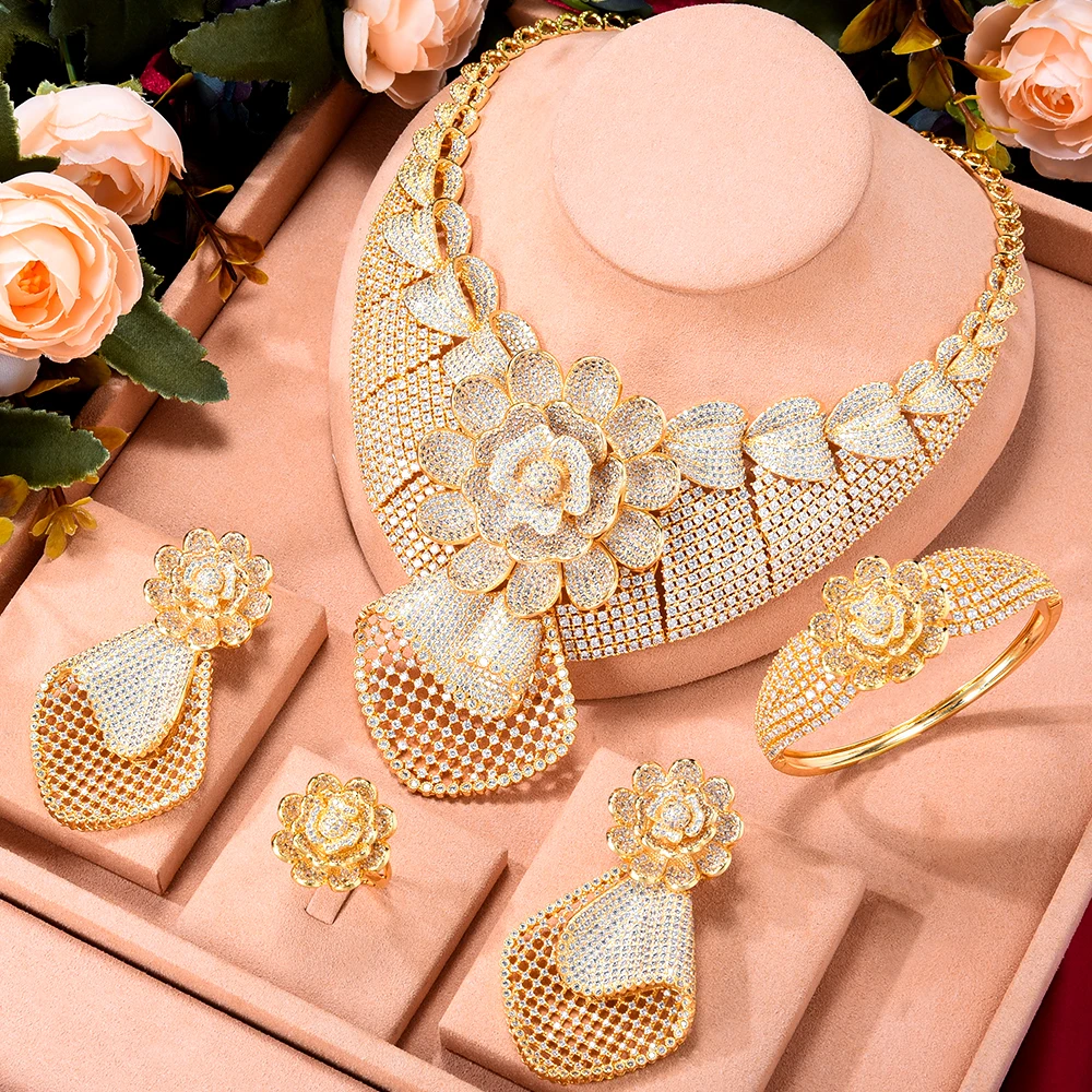 

GODKI SUPER LUXURY 4PCS Bicolor BIG Jewelry Sets For Women Wedding Handmade ROSE FLOWER Charms Dubai Bridal Jewelry Set