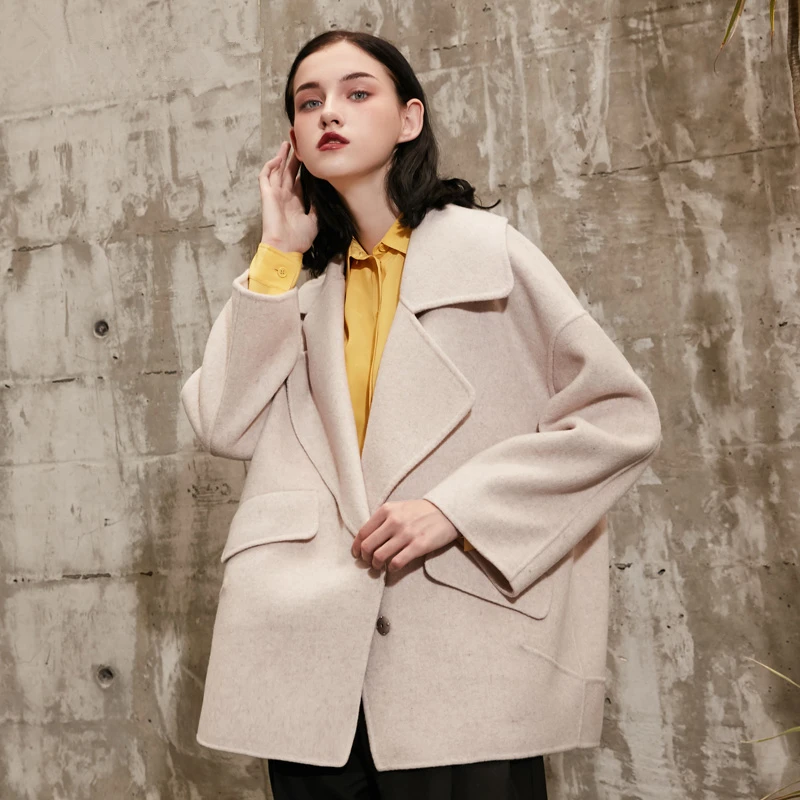 Winter Autumn Nwe High-quality Women Pockets Long sleeves Loose coat Single button Length V-Neck Wool Coat Female Overcoat C 511 | Женская