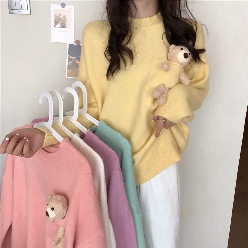 

Deeptown Korean Style Kawaii Bear Knitted Sweater Women Preppy Fashion Solid Long Sleeve Oversize Jumper Pullover Female Tops