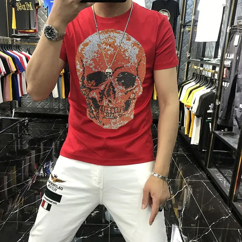 mens summer comfortable high quality hip hop slim brand solid color t shirt personality handsome hot diamond short sleeve free global shipping