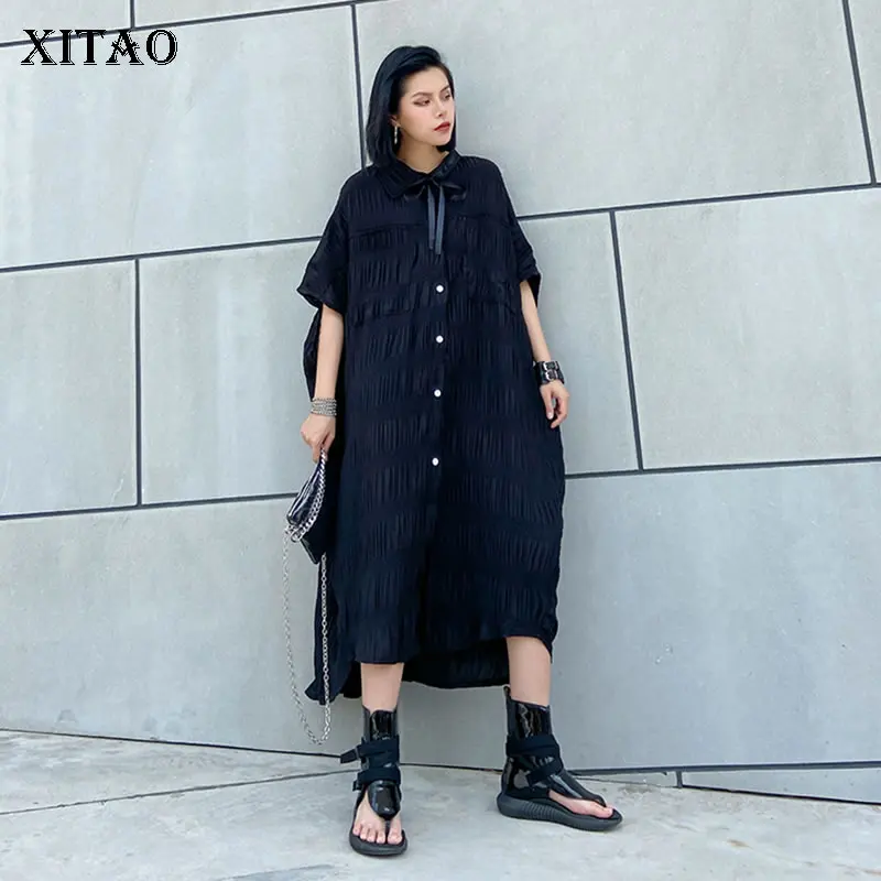 Женское плиссированное платье XITAO черное повседневное свободное на завязках